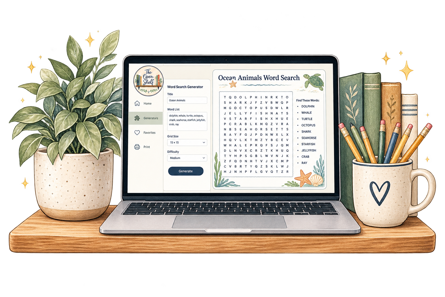 The Open Shelf Word Search Generator workspace